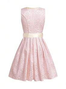 SHEIN Frenchy Women's Vintage Embroidered Mesh Contrast Lace-Up Dirndl,Pink Floral,Summer,Elegant,Party Square Neck Short Sleeve Flounce Hem Oktoberfest Dress - Green - View 7