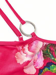 Y2Kool BiGraphic Y2K 风格粉色动物老虎花卉印花休闲性感单肩衬衫上衣，适合夏季、秋季、度假、派对、日常穿着女式老虎上衣单肩夏季上衣图案上衣 - 粉色 - 查看 4