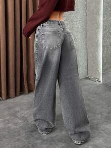 EURMUSE 低腰阔腿 Y2K 风格灰色牛仔裤 - 灰色 - 查看 2