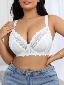 1pc Plus Size Women Lace Patchwork Comfortable Underwire Bra, Lift