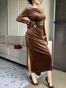 DAZY Vestido midi de unicolor elegante con abertura para mujer, otoño