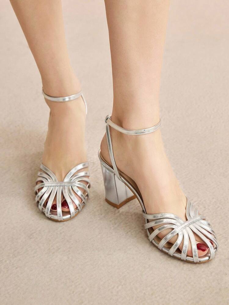 Women's Round Toe Thick Heel Silver Buckle Hollow Woven Elegant High Heel Sandals For Christmas Summer Shoes - Silver - View 1