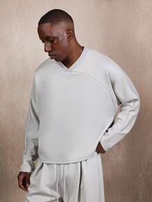 SUMWON Premium Long Sleeve V-Neck Boxy Fit Sweatshirt Batwing Winter Fall Casual Loungewear Streetwear Essential Basic Pullover Fleece Sweater - Grey - View 2