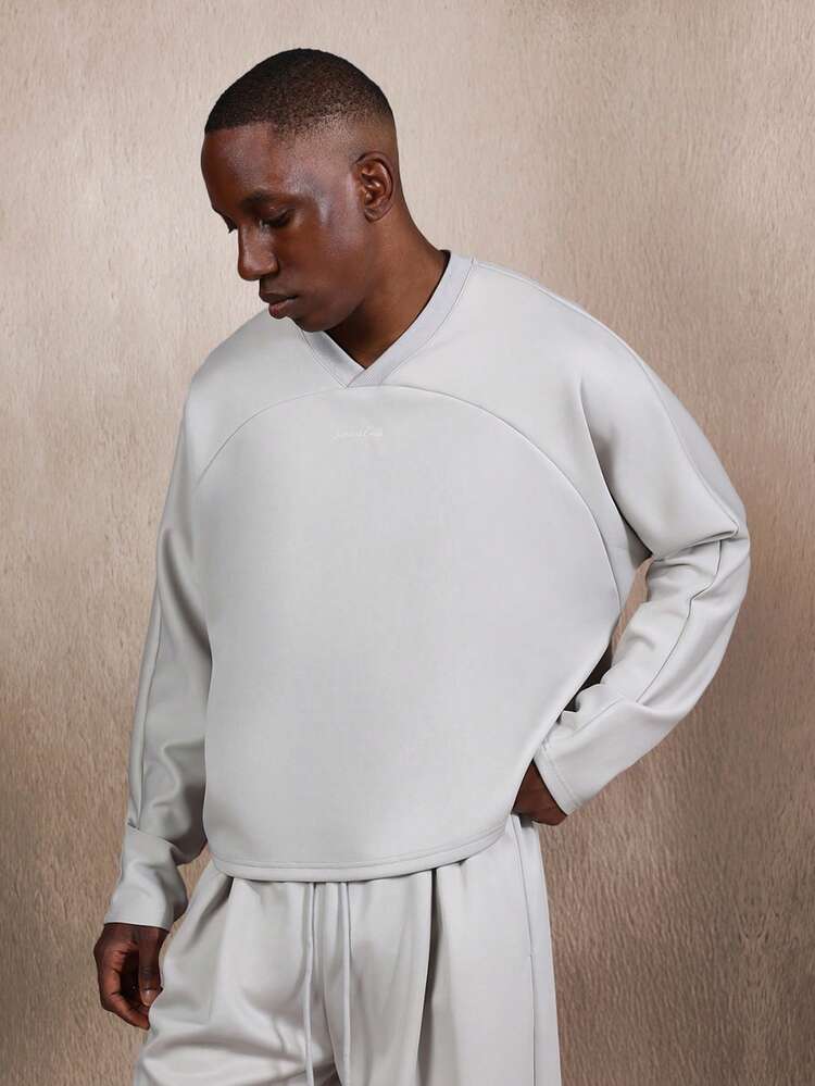 Boxy Fit V-Neck Batwing Sleeve Fleece Sweatshirt