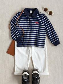 PrepCrw 男童条纹 Polo 领长袖 T 恤，学院风 - 藍白色 - 查看 1