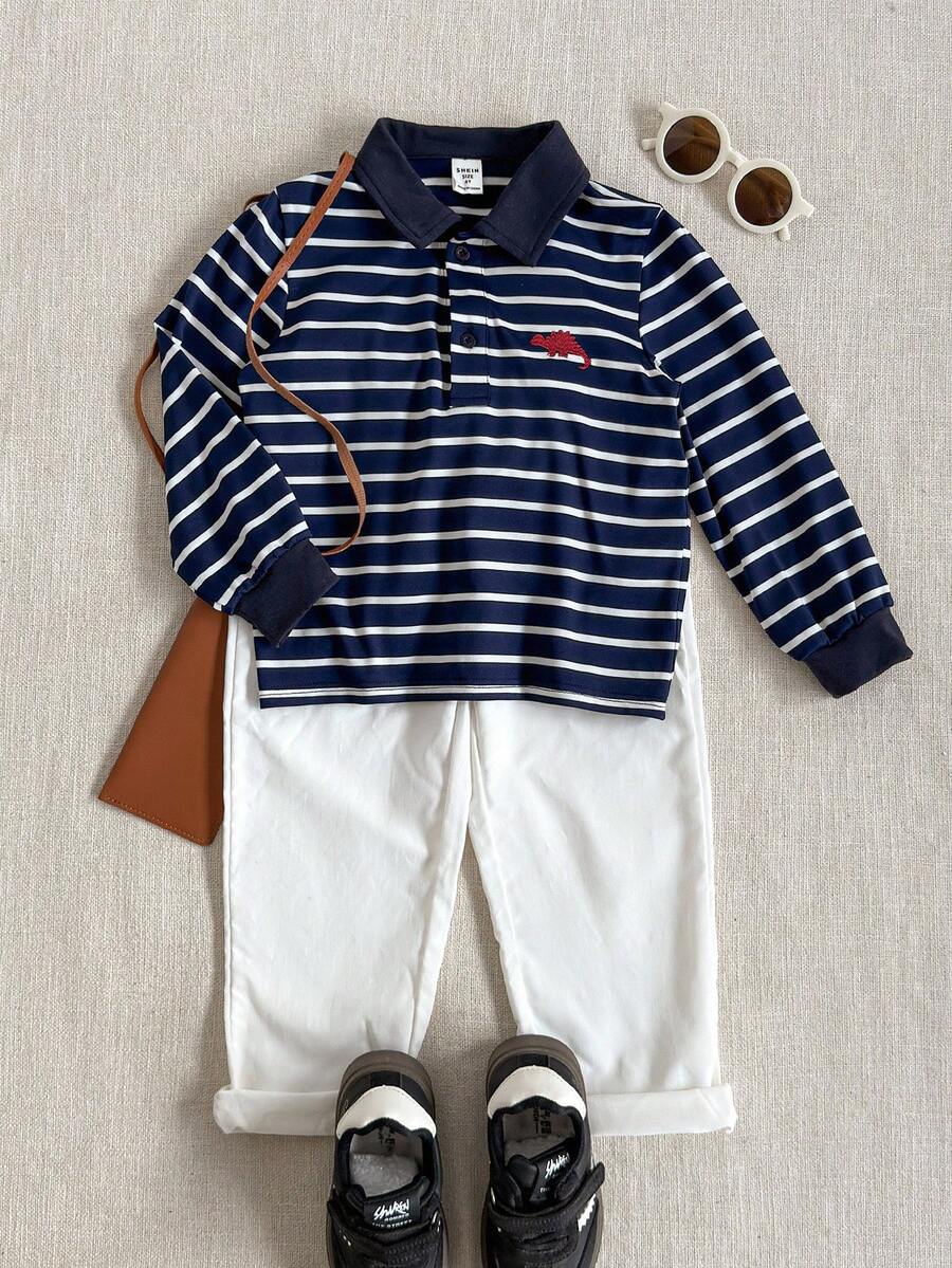 PrepCrw 男童条纹 Polo 领长袖 T 恤，学院风 - 藍白色 - 查看 1