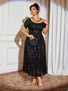 Elenzga 大码女式优雅金箔雪纺拼接撞色蕾丝花边镂空圆领短袖束腰连衣裙 - 彩色 - 查看 4