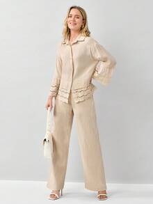 Miaspire 2 件女士休闲单扣长袖 100% 纯棉衬衫和裤子套装，宽松版型，秋冬女装两件套秋季套装棕色套装女士秋季套装女士服装套装 - 杏色 - 查看 5