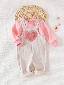 Baby Girls Loose Casual Round Neck Pink Sweatshirt Paired With Heart Pattern Suspender Velvet Pants Set, Autumn/Winter - Pink - View 9