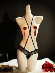 SpicyHot 3pcs Contrast Color Bandage Criss-Cross Tassel Glitter Lash Lace-Up Ultra Sexy Lingerie Bodysuit For Women, Going Out