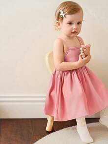 SHEIN 女婴幼儿新生儿0-3岁春夏休闲日常百搭蝴蝶结罗纹针织吊带背心上衣+短裤2件套，婴儿春夏装 - 粉色 - 查看 3