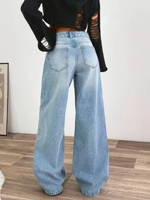 EURMUSE WOMEN LOOSE LOW WAIST WIDELEG LIGHT WASH DENIM JEAN - Light Wash - View 2