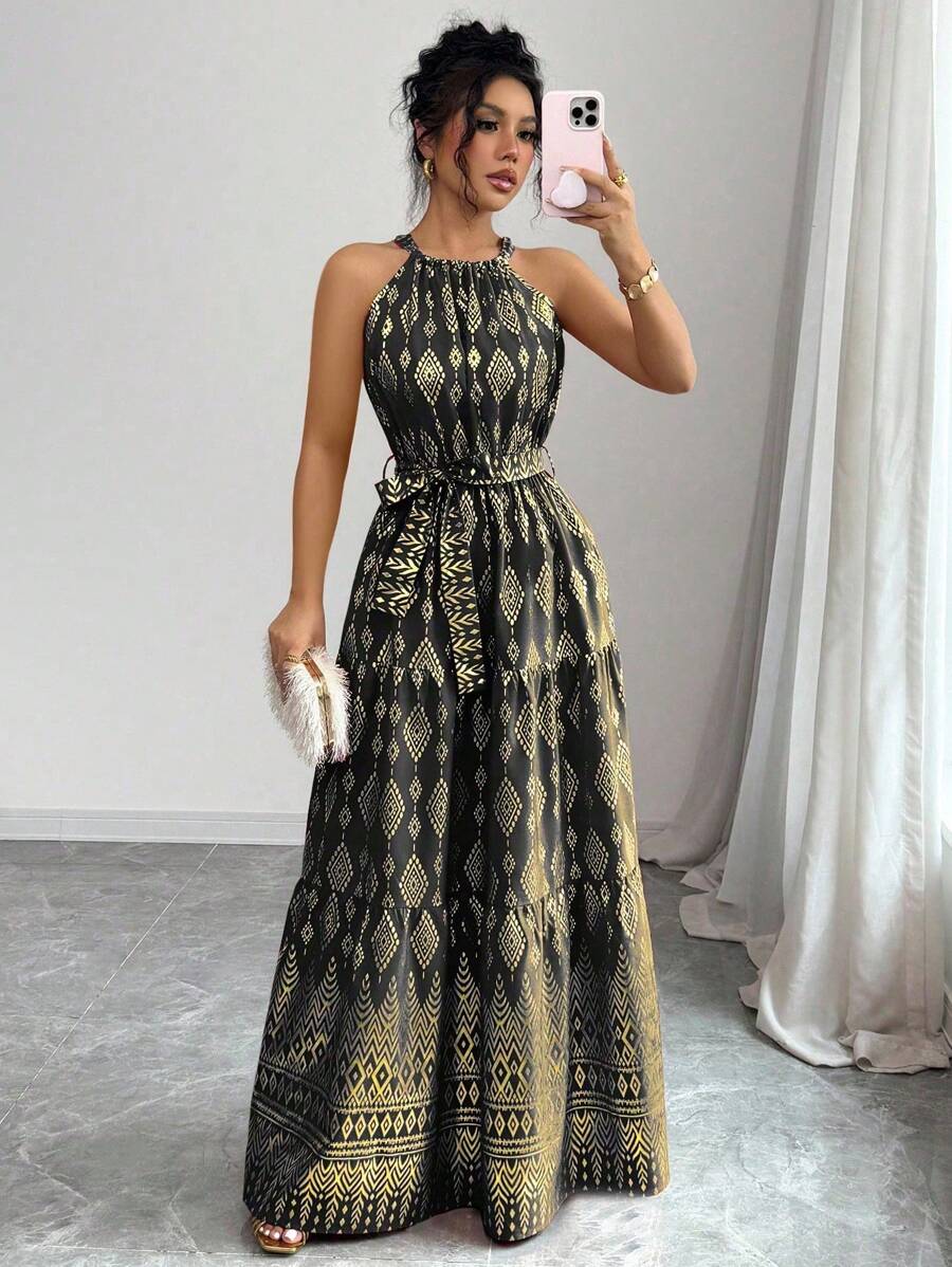 Breezaya 女士无袖 A 字中长连衣裙，简约时尚 - 黑色 - 查看 1