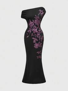 ROMWE Avant 女士花卉印花褶饰不对称紧身鱼尾连衣裙，优雅 - 黑色 - 查看 1