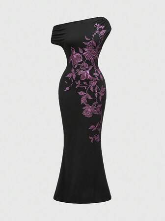 ROMWE Avant Vestido elegante de mujer con estampado floral, drapeado asimétrico y silueta de sirena