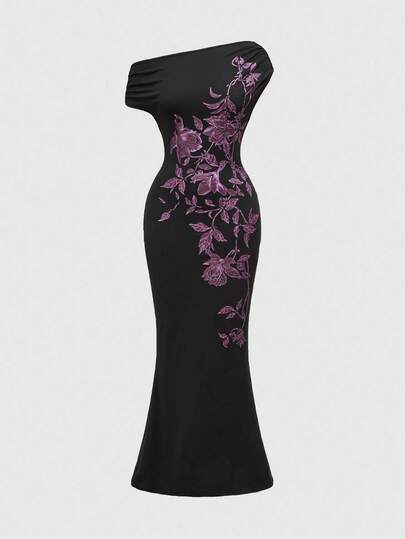 ROMWE Avant Women's Floral Print Ruched Asymmetric Bodycon Fishtail Dress, Elegant