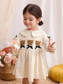 Blossori Baby Girls' French Elegant Embroidered Collar Long Sleeve Dress Fall Winter - Apricot - View 3