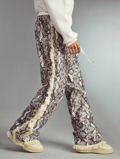 Street Life Pantalones largos holgados con cintura con cordón, con capas y efecto de piel de serpiente deshilachada, para otoño