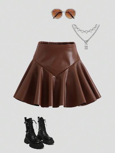 Young Girls' Chic Camel PU Leather A-Line Skirt, Soft PU Fabric, High-Waisted Design, Flared Hem, Concealed Zipper, Minimalist Yet Fashionable, Suitable For Spring & Autumn Fall Winter