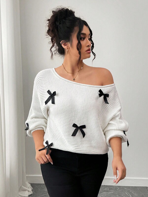 Elenzga Never Out Of Style, Kooky Elegance Collection (Woe Is Me Vibes)(Wednesday Aesthetic) Autumn/Winter Fashion Elegant Bowknot Long Sleeve Plus Size Women Sweater, Off Shoulder Pullover Top For Vacation, Party Fall