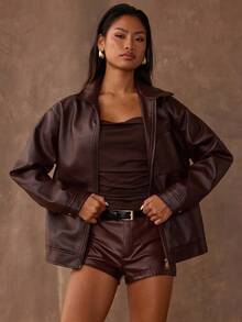 SHEIN BAE Autumn/Winter Women's Solid Color PU Leather Lychee Texture Zipper Casual Versatile Long Sleeve Jacket, Fashionable Jacket,Fall,Brown - Coffee Brown - View 5