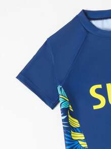 SHEIN Tween Boy Tropical Print & Letter Graphic Raglan Sleeve Swimsuit Boys Two Piece Rash Guard Swimsuits Sets Kids UV Protection 50+ Long Sleeve Sunsuit Swimwear Sets