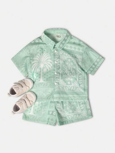 SUMWON Ensemble 2 pièces chemise à boutons imprimée palmiers et short pour tout-petits garçons, tenue assortie pour plage et vacances d'été