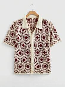 EASEVO Plus Size Men Floral Jacquard Short Sleeve Single-Breasted Casual Knit Cardigan , Fall Winter