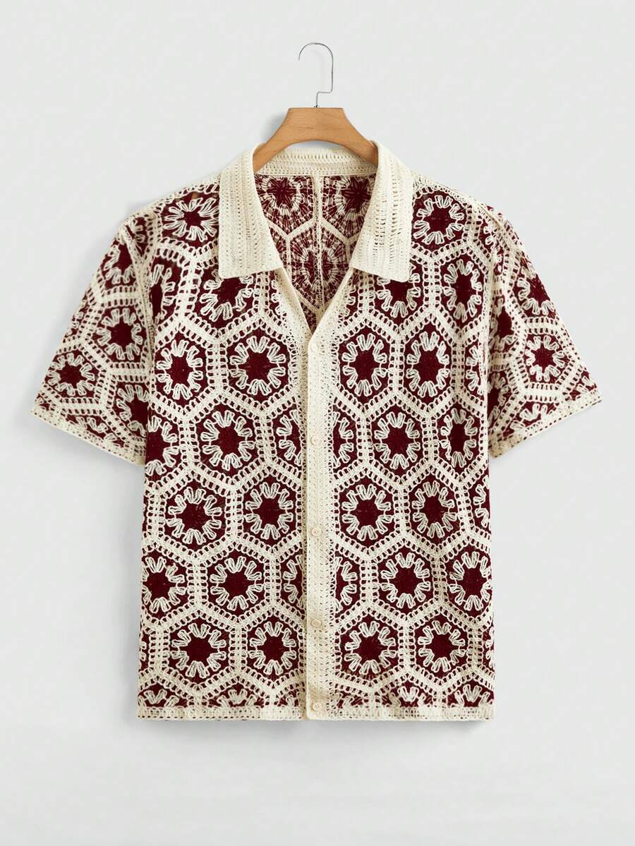 EASEVO Plus Size Men Floral Jacquard Short Sleeve Single-Breasted Casual Knit Cardigan , Fall Winter