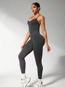 Easithlete Women's Backless Halter V-Neck Criss-Cross Seamless Jumpsuit Sports Pants