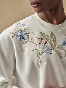 AKNOTIC Men's Casual Everyday Plant Embroidery Drop Shoulder Loose Fit Thermal Lined Crew Neck Pullover Sweatshirt, Autumn/Winter