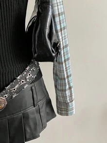 Elamini 女式黑色针织羊毛罗纹格子拼接二合一半襟衬衫领紧身长袖上衣，时尚简约办公室教师机构设计休闲日常约会百搭女士秋冬学院风上衣格子上衣女式工作服 - 黑色 - 查看 6