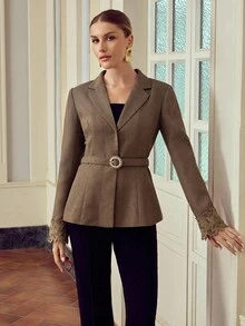 ZEYLAH Women's Elegant Jacket With Lace Cuffs And Lapel Collar, Suitable For Commuting, Autumn/Winter - Brown - View 4