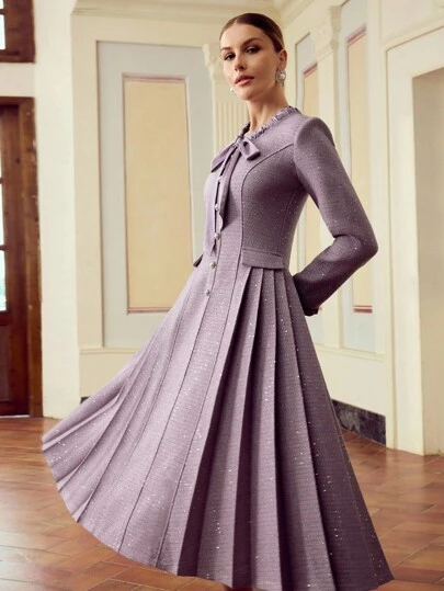 ZEYLAH Women's Frill Trim Tie Neck Long Sleeve Single-Breasted Elegant Midi Dress For Party Fall Cloth For Women