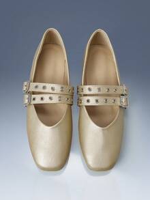 CUCCOO GRLICON 圆头索环带女士平底乐福鞋，适合机车风、朋克风、芭蕾风、男女通用风、夏季度假风 - 金色 - 查看 2