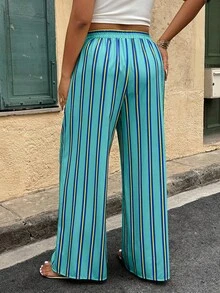 Flirla Quần ống rộng in họa tiết sọc rộng rãi, dáng rộng, buộc eo cho nữ cỡ lớn, họa tiết ngẫu nhiên - Nhiều màu - Xem 2
