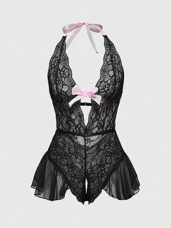 Kawaii Lace & Mesh Ruffle Bow Crotchless Teddy Lingerie For Women, Baddie Look