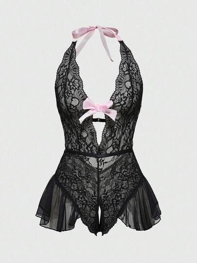 Kawaii Lace & Mesh Ruffle Bow Crotchless Teddy Lingerie For Women, Baddie Look