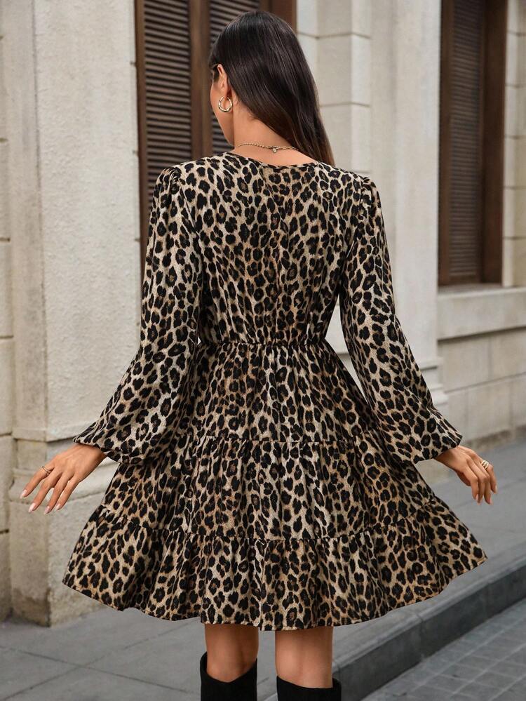 Women's Leopard Print V-Neck Wrap Front Long Sleeve Mini Dress Leopard Print Dress Animal Print Dress Leopard Dress Long Sleeve Leopard Dress Fall Dresses For Women,Cheetah Print Dress