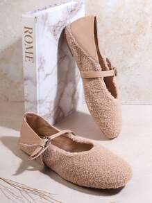 Women's Fashionable Furry Flat Shoes - Khaki - View 4