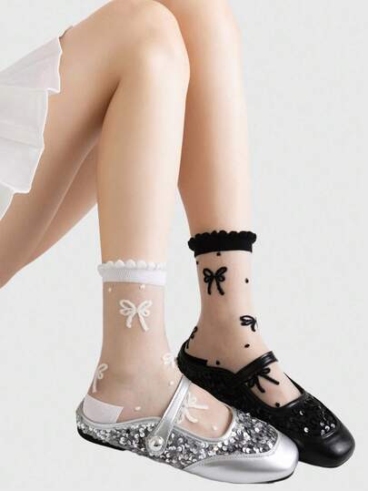 Kawaii 2 Pairs Lace Trim Glass Silk Socks, Bow Crystal Socks, Versatile Women Mid-Calf Socks