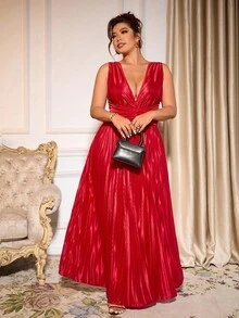 Allurite Plus Size Women Elegant V-Neck Pleated Cocktail Party Dress - Burgundy - View 5