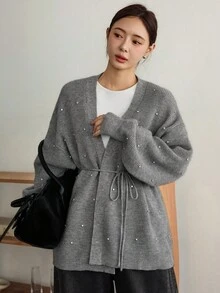 Dazy-Less 女款優雅灰色秋季辦公室寬鬆針織開襟衫，商務休閒水鑽亮片抽繩收腰毛衣，適合通勤與戶外穿著 - 灰色 - 查看 5