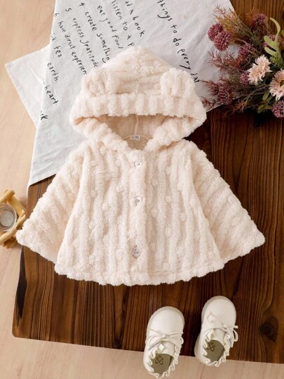 SHEIN Vintaside Kids 女童可爱熊耳朵连帽无袖夹克，蓬松舒适纽扣斗篷卡通趣味儿童外套，冬季