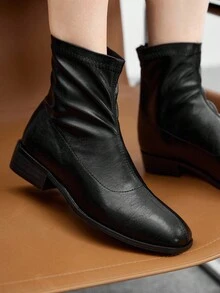 CUCCOO BIZCHIC Nuevas botas de tobillo de tacón bajo con punta cuadrada, ajuste ceñido y elástico, con cremallera trasera. Botines cómodos y versátiles para mujeres. - Negro - Ver 3