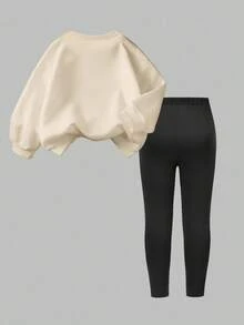 SHEIN 年轻女孩休闲时尚创意花卉、可爱熊和字母印花圆领运动衫和打底裤套装长袖服装搭配服装秋季服装 - 彩色 - 查看 2