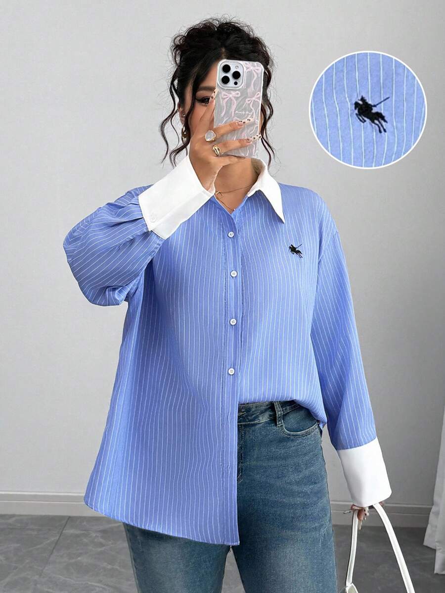 Elenzga Blouse à manches longues rayée avec broderie et couleur contrastée, style décontracté, grande taille, pour femmes, printemps/automne - Bleu et Blanc - Voir 1