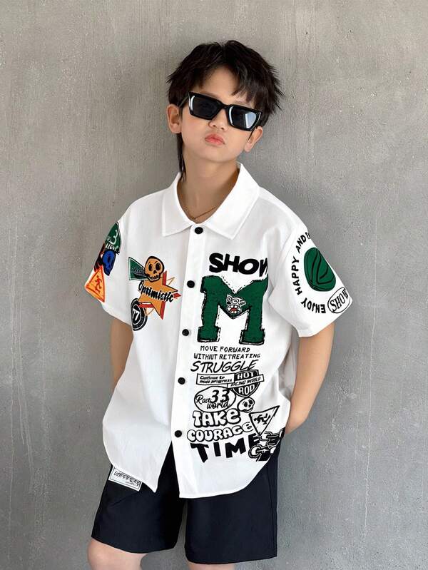 SHEIN Tween Boy Casual Loose Street Letter Pattern Polo Collar Short Sleeve Shirt, Suitable For Commuting, School, Daily Casual Outings, Sports, Spring/Summer