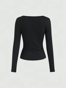 Sweetra Vintage American Design Asymmetrical Asymmetric Shoulder T-Shirt, Slim Fit Flattering Women's T-Shirt, New Autumn Collection Fall Cloth For Women - Black - View 3