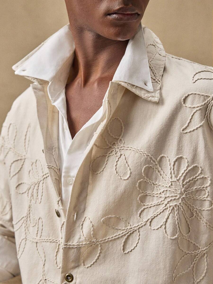 AKNOTIC Men's Casual Floral Embroidery Loose Fit Drop Shoulder Jacket, Spring/Autumn, For Fall Winter
